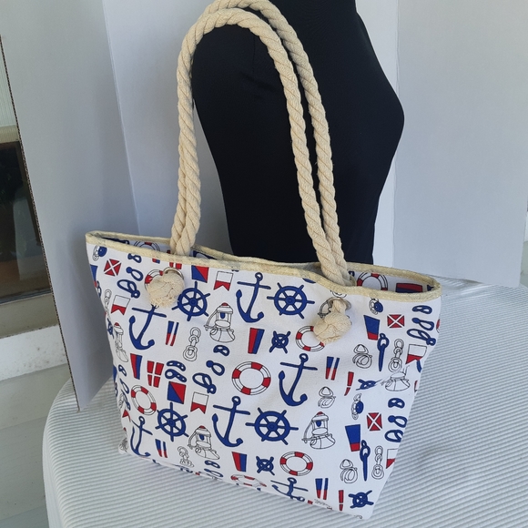 Nautical Tote Purse Shoulder Bag Canvas Anchors - Picture 2 of 9